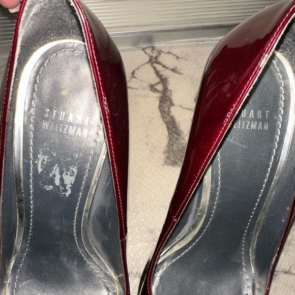 Stuwart Weitzman red metallic leather peep toe heel 9.5 Christmas holiday formal - Picture 7 of 15